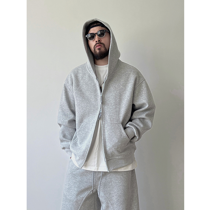 Oversized Zip-Up Hooded Autumn Men's Short Sweatshirt Top Gray Casual American Style Loose Fit