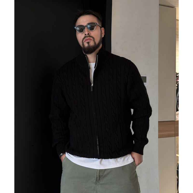 Plus Size Old Money Style Autumn and Winter Cable Knit Zip-Up Cardigan for Men, Made of All-Cotton and Not Prone to Pilling