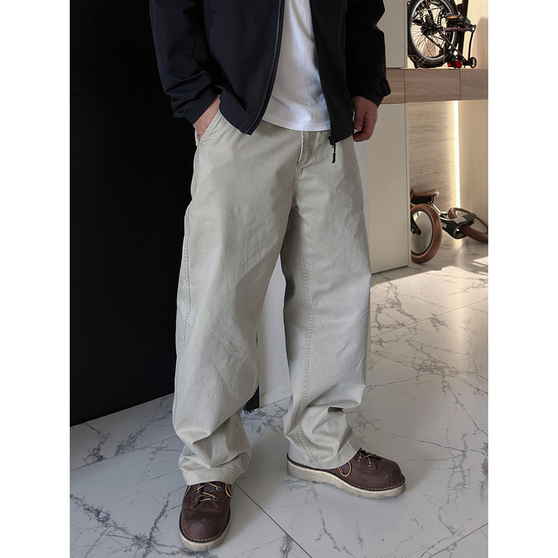 Plus Size Vintage Washed Distressed Pure Cotton Straight Casual Pants Versatile Slimming Chino Trousers
