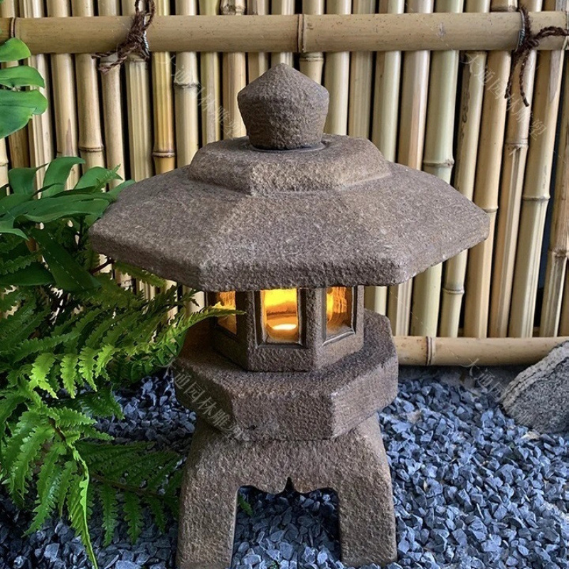 Solar-Powered Garden Stone Lanterns, Chinese and Japanese Style Antique Flower Garden Landscape Stone Lanterns, Bluestone Landscape Stone Lantern Ornaments