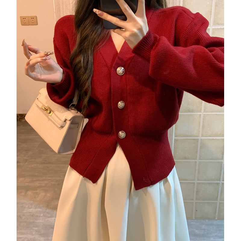 New Year Cherry Red Sweater Cardigan for Women, Stylish Knitted Jacket, Waist-Cinching, Slimming, Festive Top for Christmas and New Year