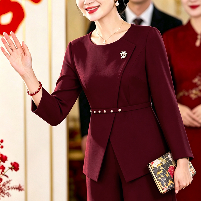 October Wedding Mother-Of-The-Bride Pants Suit 2026 New Style Red Top for Mother-In-Law Wedding Banquet Dress, Can Be Worn Casually October Wedding Mother-Of-The-Bride Pants Suit 2026 New Style Red Top for Mother-In-Law Wedding Banquet Dress, Can Be Worn Casually