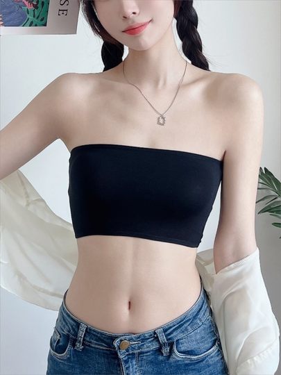 Black Modal Anti-Exposure Chest Cover Bandeau One-Piece Base Layer Strapless Non-Slip Underwear for Women Summer