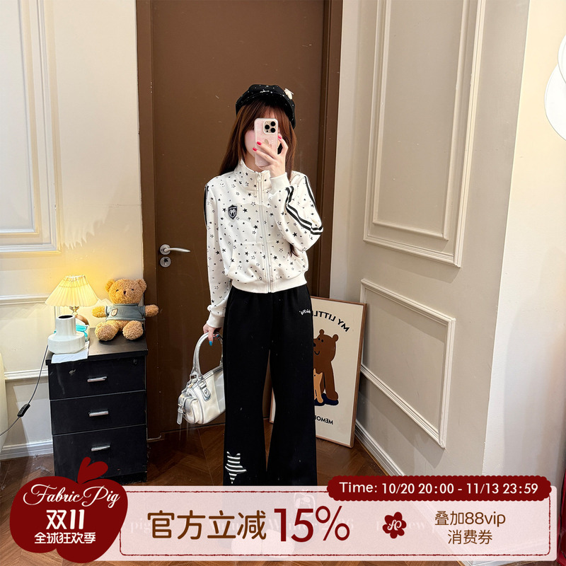 Fabric Pig Sweet Cool Planet Casual Style Star Print Stand Collar Zipper Jacket Women's Wide Leg Pants Two-Piece Set Autumn Winter