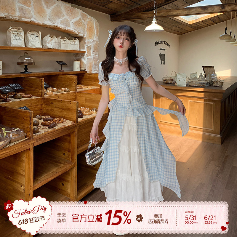 Fabric Pig Butterfly Whispers Blue Slit Plaid Dress Women's Summer White Tiered Long Skirt Half Skirt