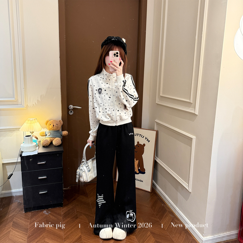 Fabric Pig Sweet Cool Planet Casual Style Star Print Stand Collar Zipper Jacket Women's Wide Leg Pants Two-Piece Set Autumn Winter