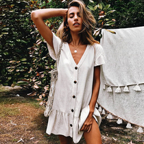 Bikini swimsuit outer shirt cotton bamboo cloth single short sleeve hot spring resort leisure beach coat cardigan women