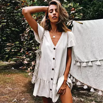 Bikini swimsuit outer blouse cotton slub cloth one-piece short-sleeved hot spring vacation leisure beach jacket cardigan women