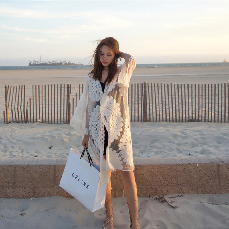 Seaside Holiday Lace Loose 70% sleeves Long version of sweatshirt beach jacket swimsuit Outer lap hooded beach jersey woman