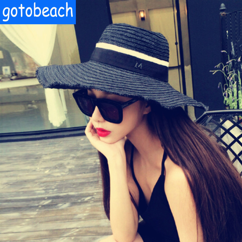 European and American wind Inn black large hat peak grass hat can fold aside for beach holiday beach hat sunscreen sunscreen hat woman