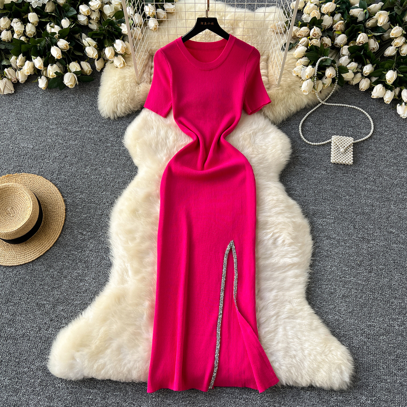 Celebrity-Style High-End Dress for Women, Summer Sexy Sequin Slit Waist-Cinching Slimming Round Neck Short-Sleeved Mid-Length Knitted Dress