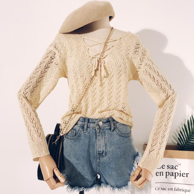 Áo nữ mùa thu 2018 phiên bản Hàn Quốc mới của chiếc áo blouse dài tay cổ chữ V có cổ rộng, áo len mỏng áo len nữ hàng hiệu