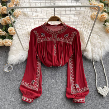 Palace style heavy industry embroidery stand-up collar buttoned loose chiffon top women's design sense niche high-end temperament shirt