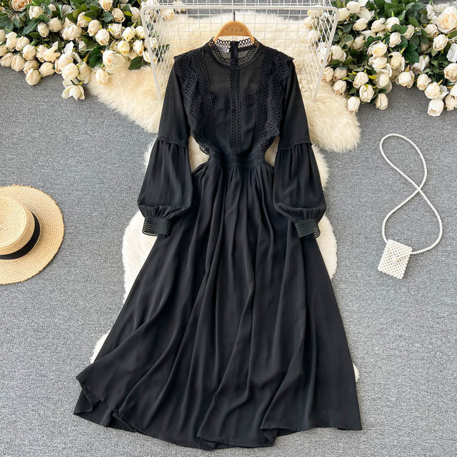 Spring new style French style light cooked style lace splicing long skirt female slimming high sense round neck large swing loose dress