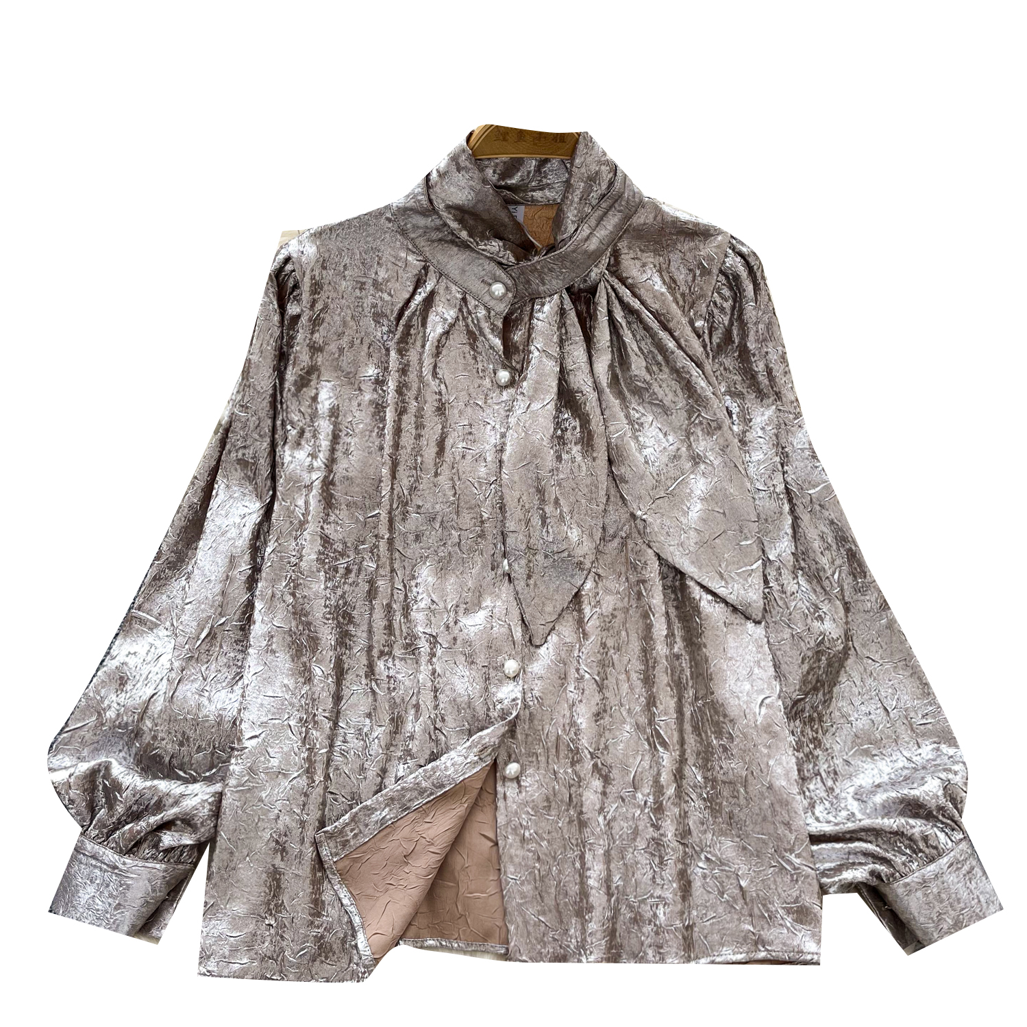 Celebrity Daughter Style Metallic Collar Lantern Sleeve Shirt Women's Autumn Texture Pattern Design Light Luxury Elegant Trendy Top