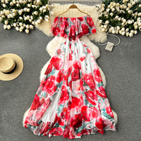 One shoulder ruffle dress women's 2024 new summer style waist slimming super fairy floral holiday dress