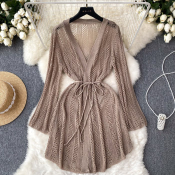 Knitted Hollow Loose Lazy Wind Mid-Long Cardigan Women Outerwear Thin Shawl Jacket Versatile Long-sleeved Top Trendy