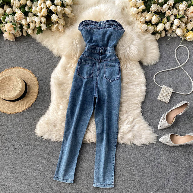 Aura of two meters eight scheming strapless sexy tube top jumpsuit female chic Hong Kong style retro slim jeans tide