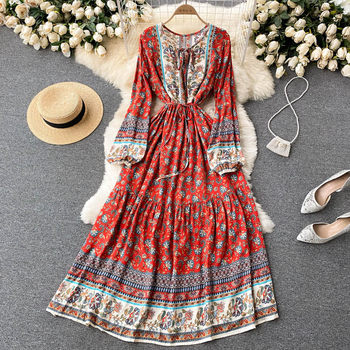 Retro national style travel photography vacation floral dress 2022 new chic foreign bubble sleeve printed long skirt