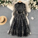 Spring and summer European and American ins style heavy industry embroidery mesh stitching water-soluble lace stand collar mid-length waist waist dress trendy