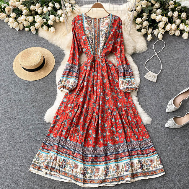 Retro national style travel photography vacation floral dress 2022 new chic foreign bubble sleeve printed long skirt