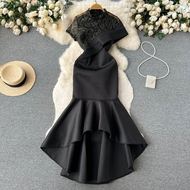 Summer sexy lace embroidery stitching irregular skirt dress female short-sleeved waist bag hip black evening dress