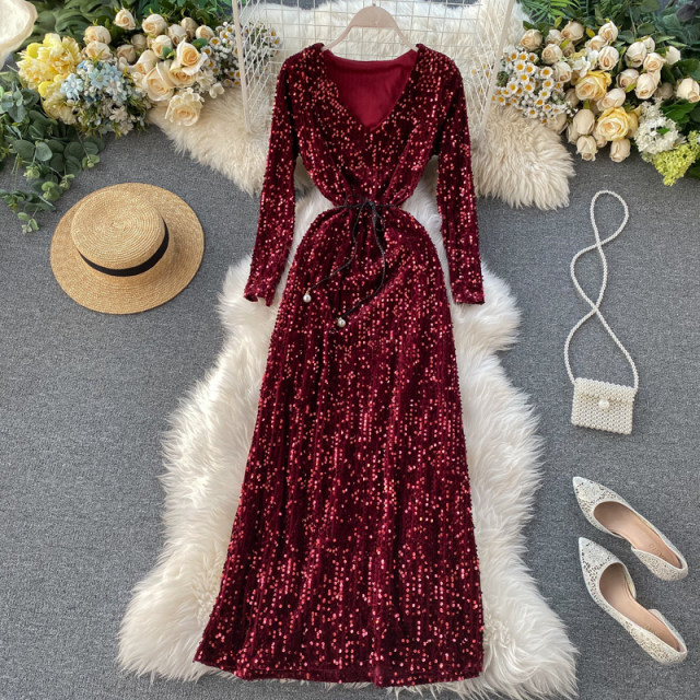 2020 European and American style sparkling sequined dress skirt V-neck long-sleeved waist slimming annual meeting banquet elegant temperament long dress