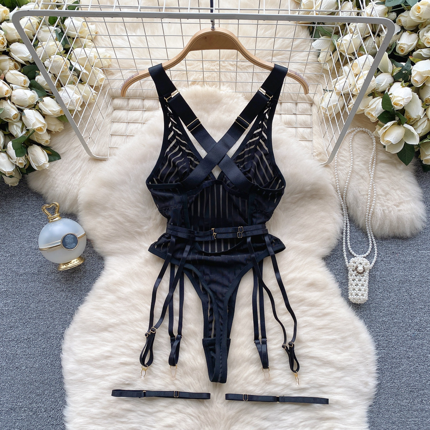 Chillgio Frauen sexy transparente gestreifte Riemchen Stram pler Dessous einteilige Kombination Cat suits Mode Bodycon Mesh Bodys – Detail 5