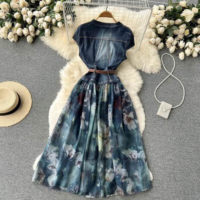 Feminine and ladylike V-neck denim splicing strap waist chiffon print dress elegant swing long skirt