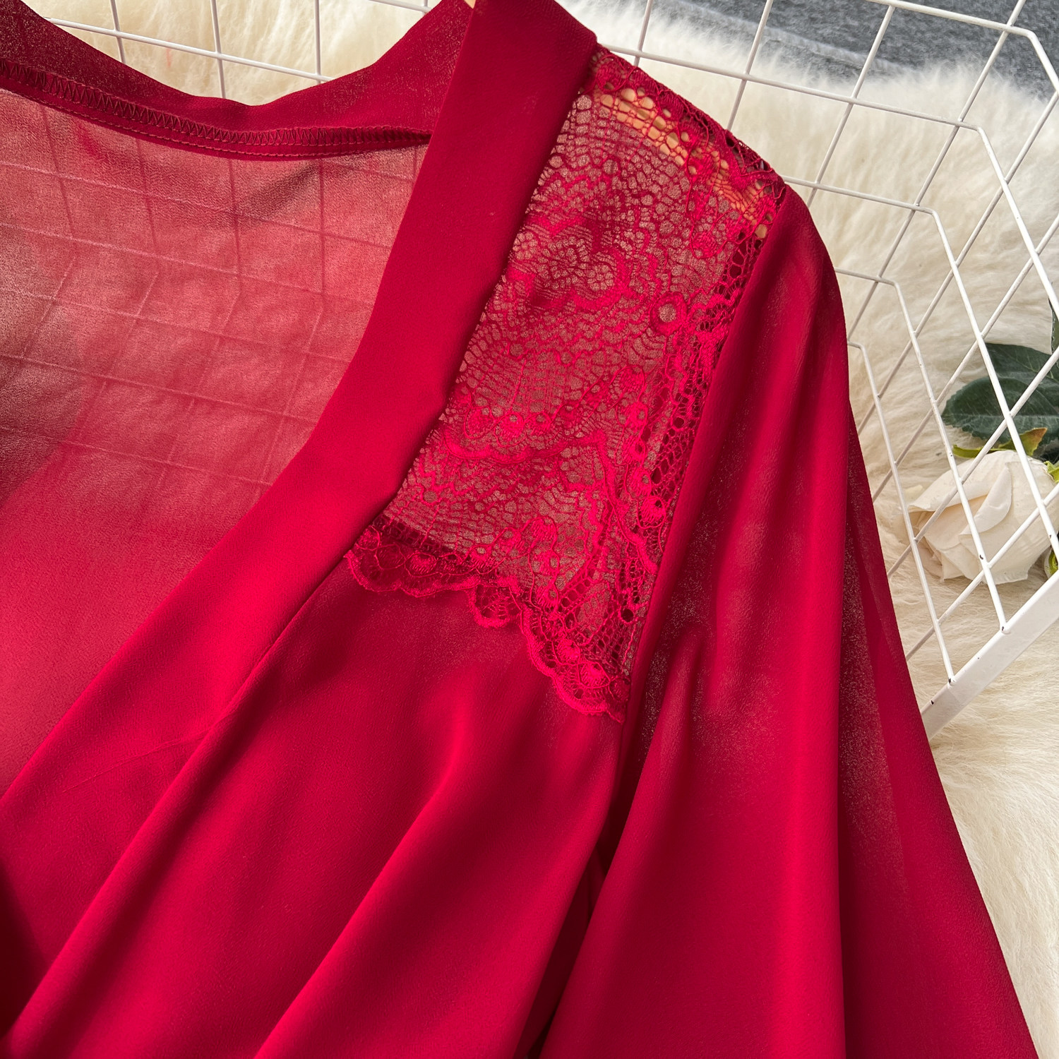 CHILLGIO Sexy Lace Patchwork Women Nightgowns V Neck Sash Nightie Nightwear Club Casual Fashion Loose Transparent Pajamas Dress