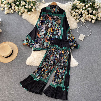 European and American ins suits women's summer dress design sense bat sleeve shirt women's loose all-match heavy industry pleated wide-leg pants trend