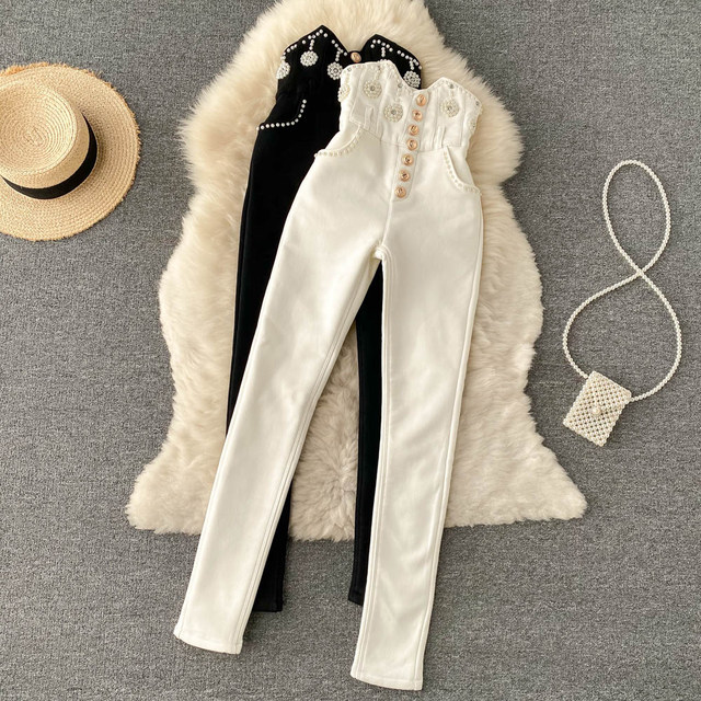 Autumn and winter plus velvet tight-fitting ultra-high waist leggings women's outer wear looks thin Korean version all-match heavy industry beaded slim pencil pants