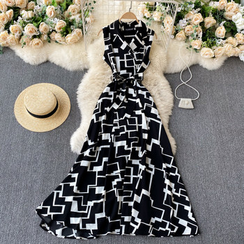 Small design sense geometric print high-end dress v-neck sleeveless lace waist slim light familiar style skirt trend