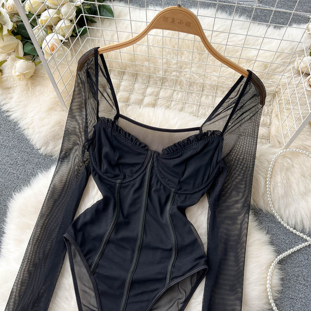 Pure lust style spring and autumn mesh long-sleeved spliced ​​square neck tube top sexy high-cut jumpsuit for hot girls trendy jumpsuit