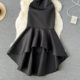 Summer sexy lace embroidery stitching irregular skirt dress female short-sleeved waist bag hip black evening dress