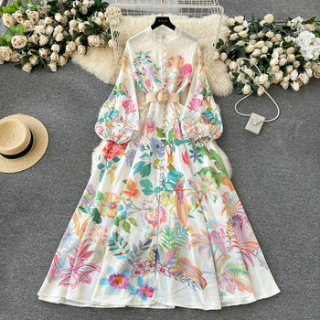 2024 Early Spring New Niche Elegant Printed Breasted Slim Long French Puff Sleeve Dress Temperament