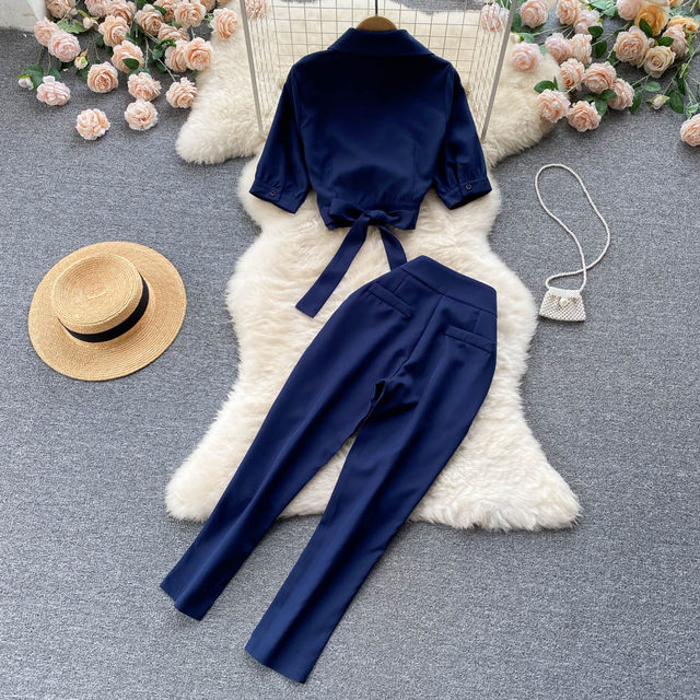 Ins suit female design unique goddess fan European and American tie lapel short-sleeved shirt jacket casual pants two-piece set