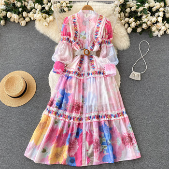 Ethnic style lantern sleeve dress summer women's French style beautiful waist slimming printed temperament A-line long skirt