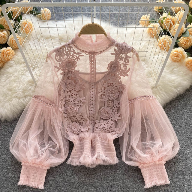 Design sense niche three-dimensional flower collage perspective mesh lantern sleeve slim short top female lace bottoming shirt