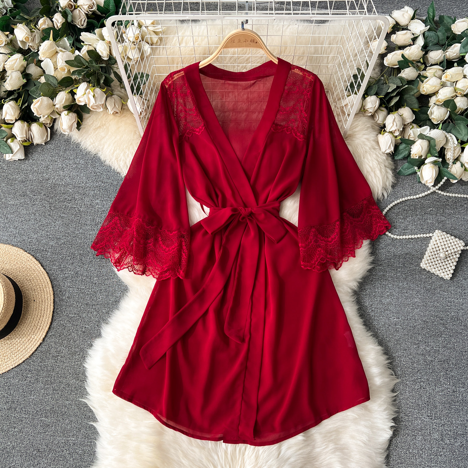 CHILLGIO Sexy Lace Patchwork Women Nightgowns V Neck Sash Nightie Nightwear Club Casual Fashion Loose Transparent Pajamas Dress