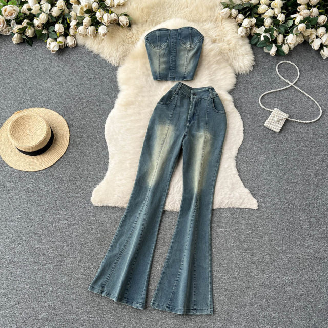 American retro hot girl style pure desire denim tube top top + high waist flared trousers two-piece suit