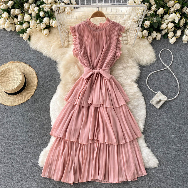 French Dress Women's Heavy Industry Pressed Pleated Wooden Ear Edge Neck Tie Waist Slim Falbala Chiffon Cake Dress