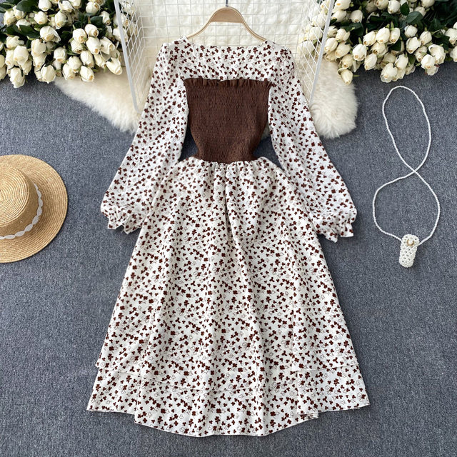 French sweet design sense niche bandage color contrast fake two-piece long-sleeved dress autumn female floral dress tide