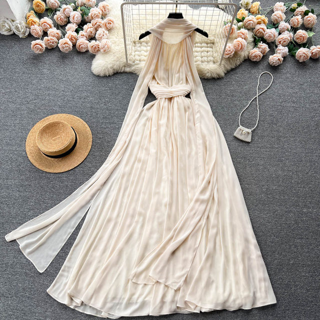 Celebrity high-end mopping dress long skirt female waist slimming temperament super fairy streamer hanging neck halter dress trendy