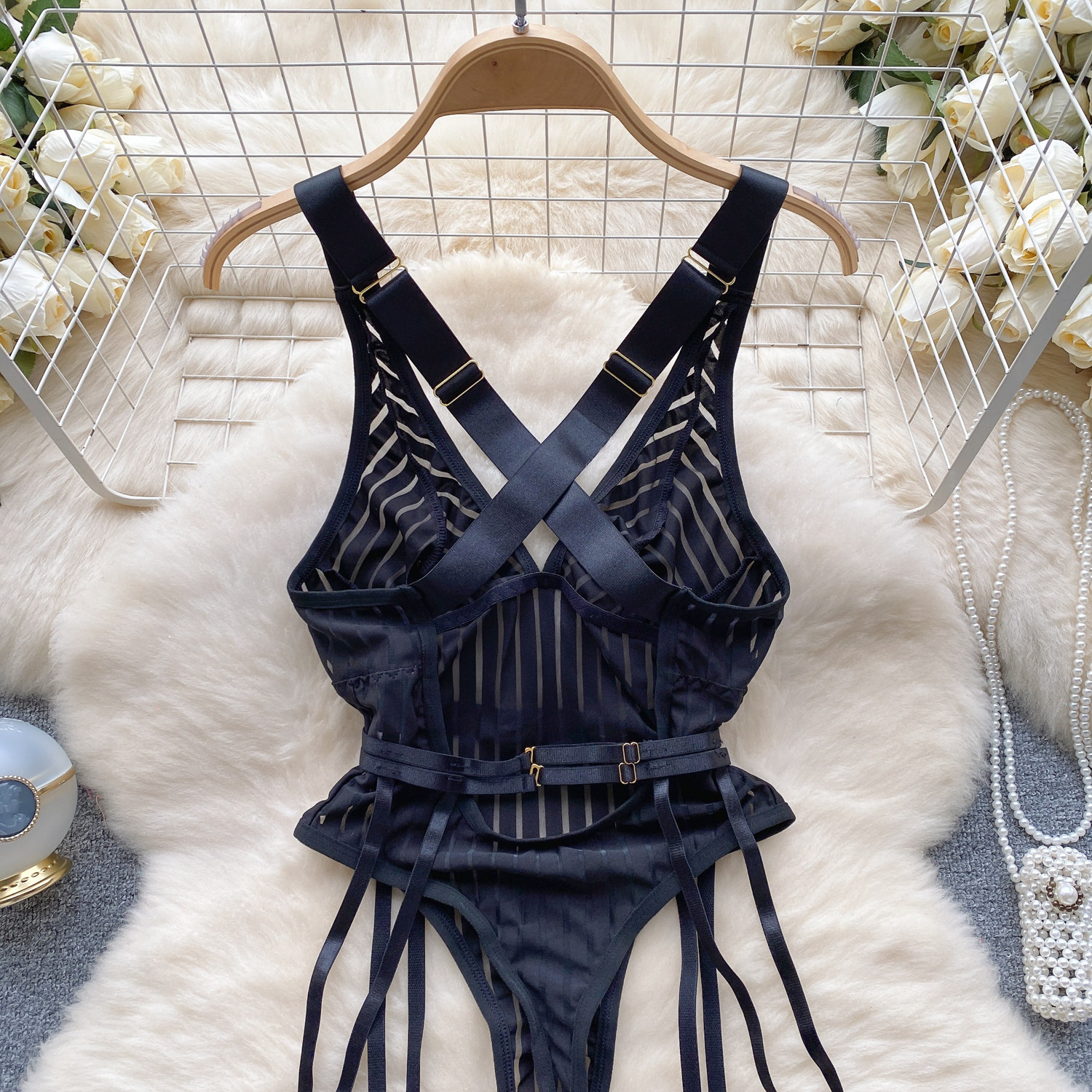 Chillgio Frauen sexy transparente gestreifte Riemchen Stram pler Dessous einteilige Kombination Cat suits Mode Bodycon Mesh Bodys – Detail 8