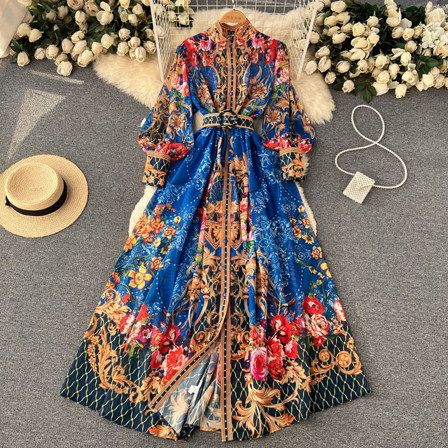 Spring new design sense French retro stand collar puff sleeves printed dress female ethnic style big swing long skirt