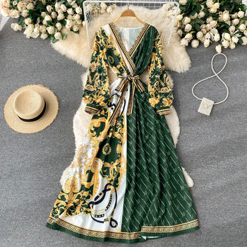 European and American high-end big-name dresses women's 2022 spring wear design sense niche color matching printing slim long dress women