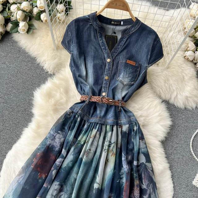 Feminine and ladylike V-neck denim splicing strap waist chiffon print dress elegant swing long skirt