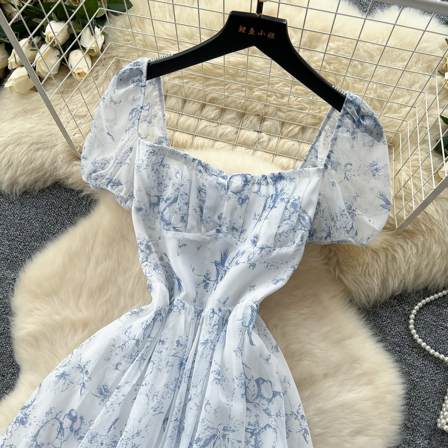 French super fairy style square neck puff sleeves waisted floral dress