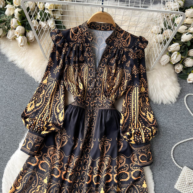 2023 spring new holiday style V-neck puff sleeve printed dress women's French retro big swing over the knee long skirt